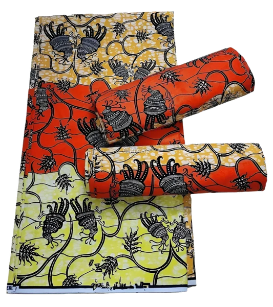 Orange and Yellow Floral Ankara Wax Print Fabric with Abstract Plant Design, 6-yard piece