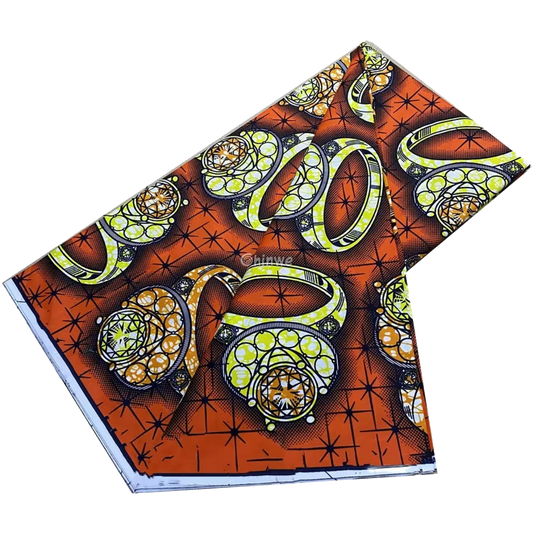 Orange and Yellow Rings Ankara Wax Print Fabric with Starry Design, 6-yard piece