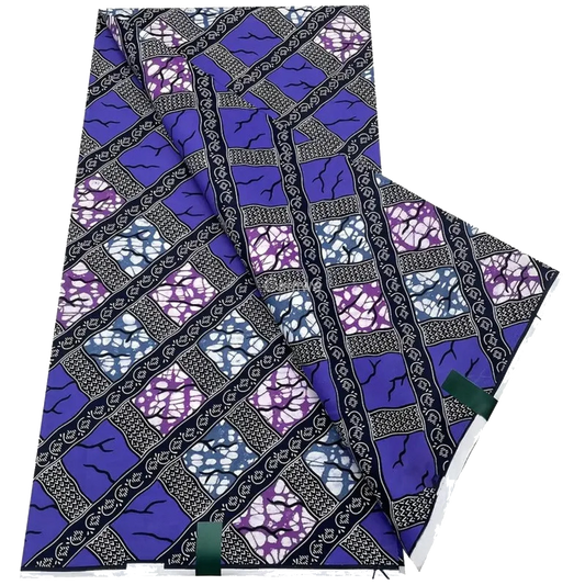 Blue and Purple Striped Ankara Wax Print Fabric with Diagonal Pattern, 6-yard piece