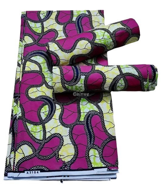 Magenta and Yellow Abstract Ankara Wax Print Fabric with Curved Line Design, 6-yard piece