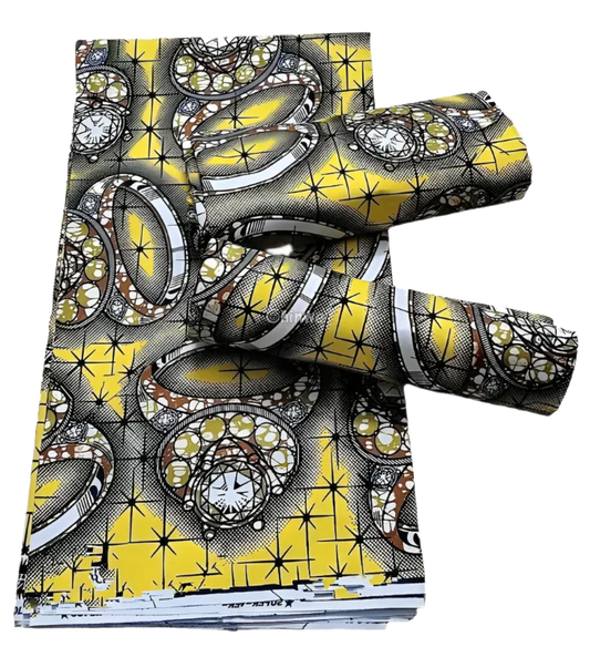 Yellow and Black Rings Ankara Wax Print Fabric with Starry Pattern, 6-yard piece