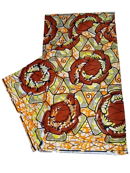 Orange and Brown Floral Ankara Wax Print Fabric with Geometric Design, 6-yard piece