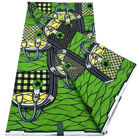 Green and Black Checkered Ankara Wax Print Fabric with Bag and Clover Design, 6-yard piece