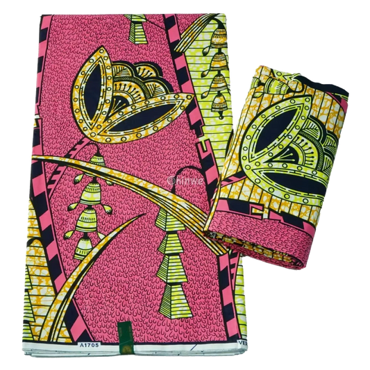 Pink and Yellow Abstract Ankara Wax Print Fabric with Ornamental Design, 6-yard piece