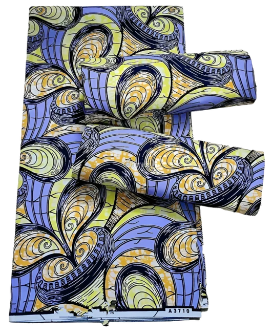 Lavender and Yellow Swirl Ankara Wax Print Fabric with Abstract Design, 6-yard piece