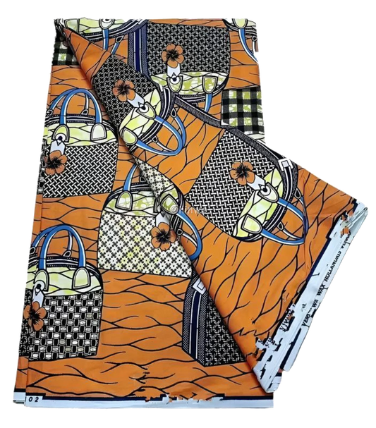 Orange and Black Checkered Ankara Wax Print Fabric with Bag and Flower Design, 6-yard piece