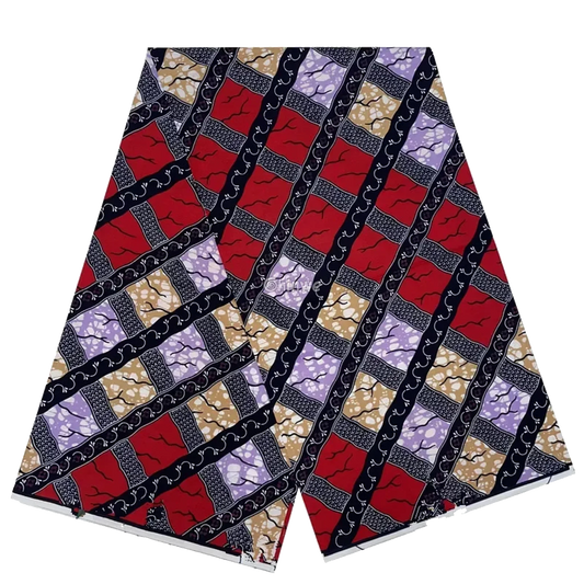 Red and Lavender Striped Ankara Wax Print Fabric with Geometric Design, 6-yard piece
