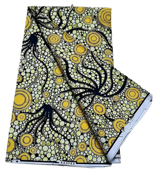 Yellow and Black Abstract Ankara Wax Print Fabric with Circular Design, 6-yard piece
