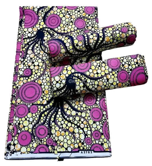 Pink and Yellow Abstract Ankara Wax Print Fabric with Circular Design, 6-yard piece
