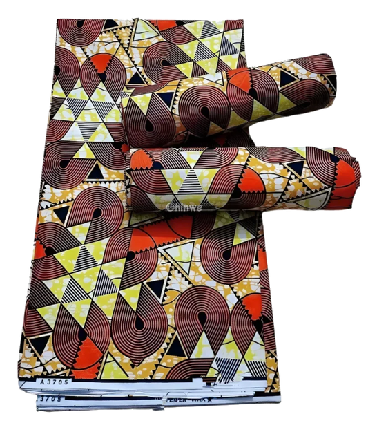 Orange and Yellow Geometric Ankara Wax Print Fabric with Circular and Triangle Design, 6-yard piece