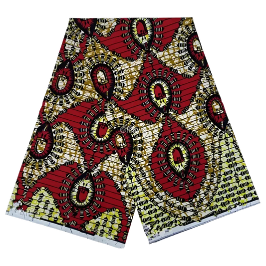 Red and Yellow Abstract Ankara Wax Print Fabric with Eyelet Design, 6-yard piece