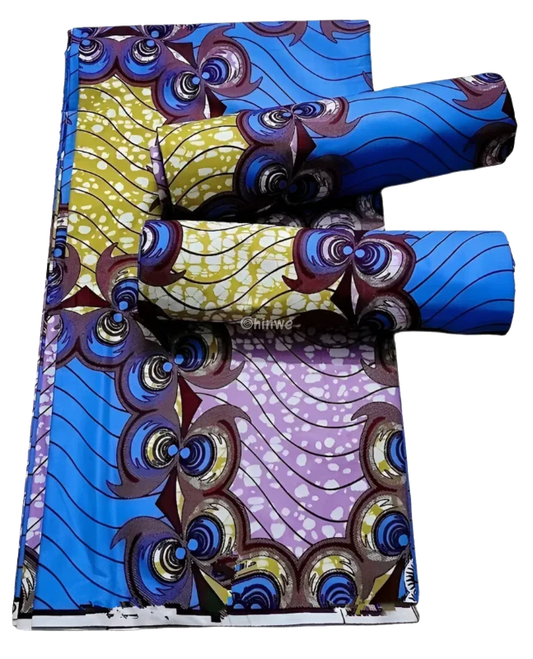 Blue and Lavender Swirl Ankara Wax Print Fabric with Wave Design, 6-yard piece