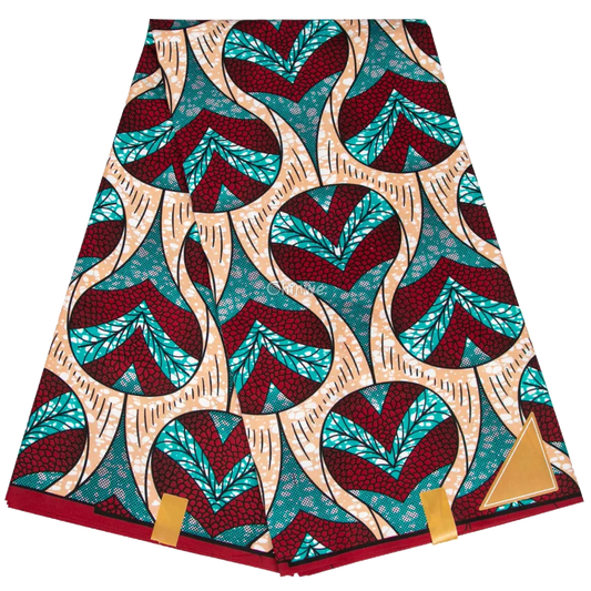 Red and Teal Heart Patterned Ankara Wax Print Fabric, 6-yard piece