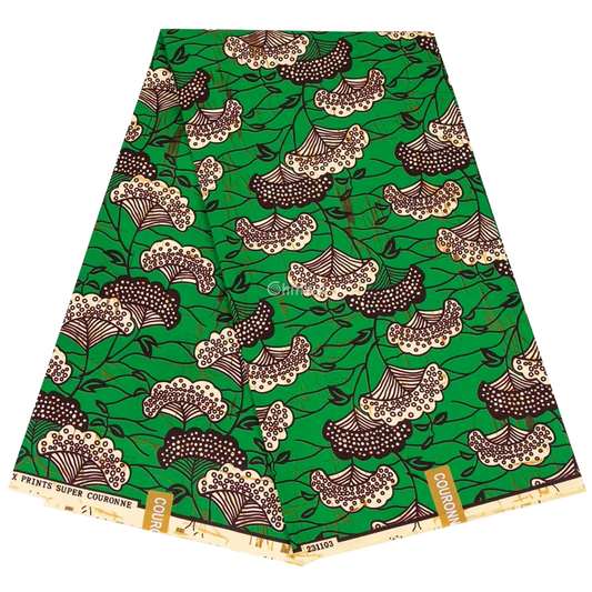 Green Floral Ankara Wax Print Fabric with Cream Blooms, 6-yard piece