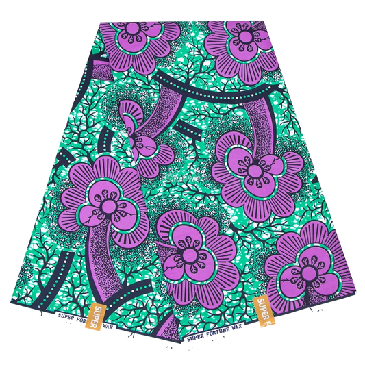 Purple Floral Ankara Wax Print with Green Vine Background, 6-yard piece