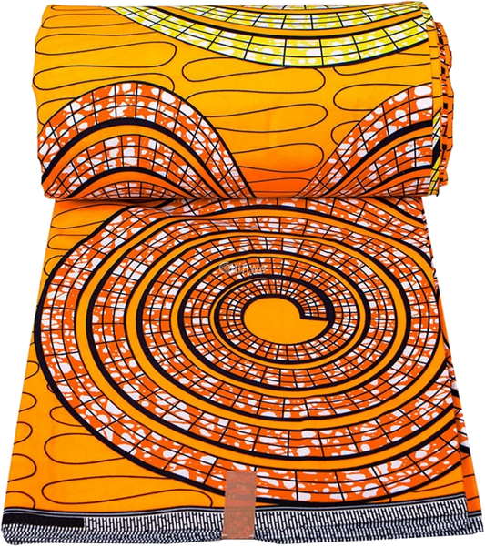 Orange Spiral Circle Ankara Wax Print Fabric, 6 yards