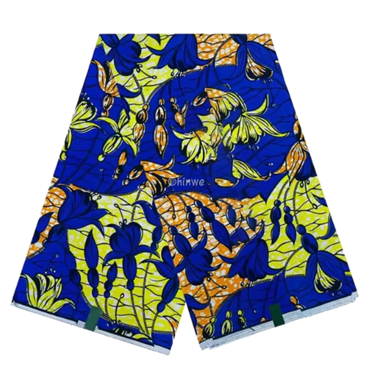 Vibrant Blue and Yellow Floral Ankara Fabric, 6-yard piece