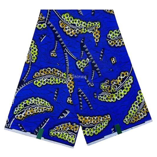 Vibrant Blue African Wax Print Fabric with Yellow and Black Geometric Accents, 6-yard piece