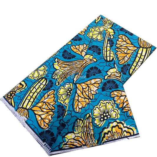 Blue Ankara Wax Fabric with Yellow Floral and Corn Motif, 6-yard piece