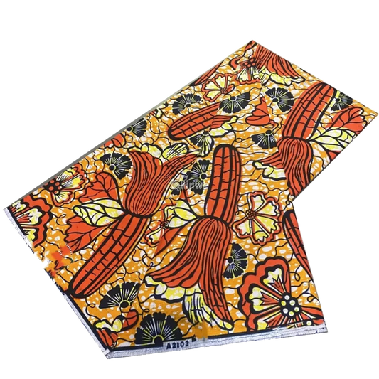 Orange Ankara Fabric with Red Floral and Corn Design, 6-yard piece