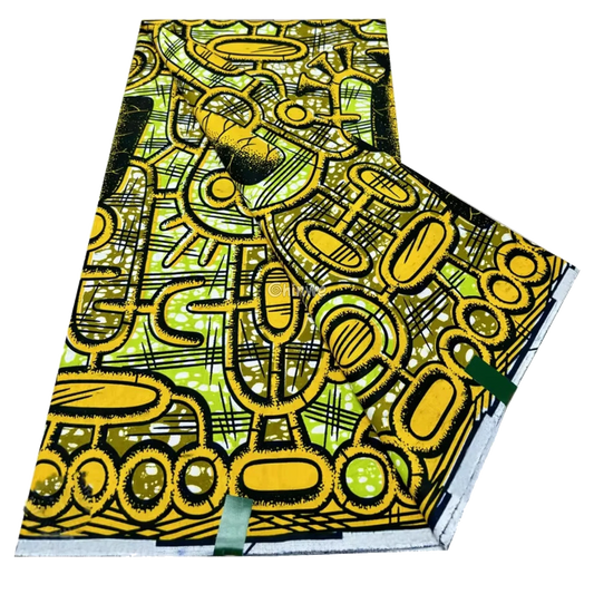 Bold Yellow Abstract Ankara Fabric with Geometric Designs, 6-yard piece