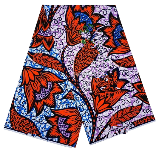Bold Floral Ankara Fabric with Red and Purple Highlights, 6-yard piece
