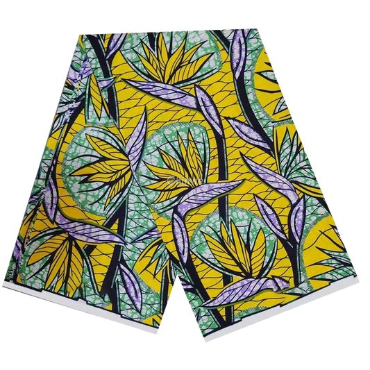 Tropical Yellow and Purple Leaf Ankara Fabric, 6-yard piece