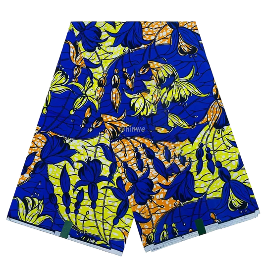 Vibrant Blue and Yellow Ankara Fabric with Floral Design, 6-yard piece