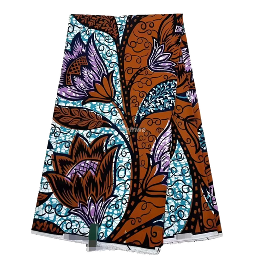Earthy Floral Ankara Fabric with Blue and Purple Accents, 6-yard piece