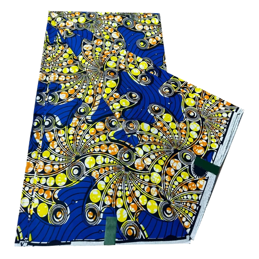 Blue and Yellow Ankara Fabric with Swirling Patterns, 6-yard piece