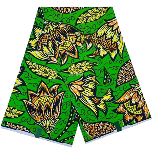 Vibrant Green Ankara Fabric with Bold Floral Patterns, 6-yard piece