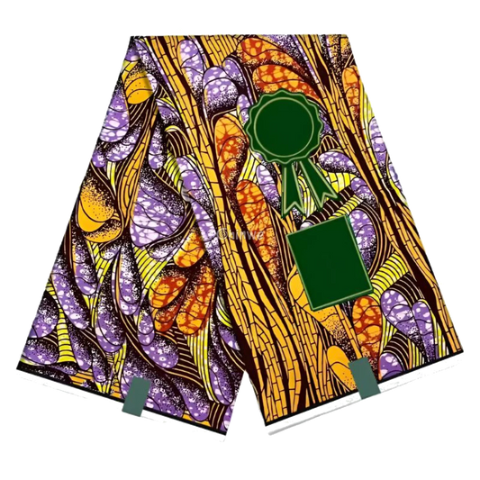 Earthy Ankara Fabric with Brown and Purple Leaves, 6-yard piece