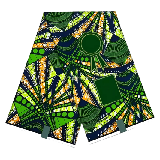 Green Geometric Ankara Fabric with Orange Accents, 6-yard piece