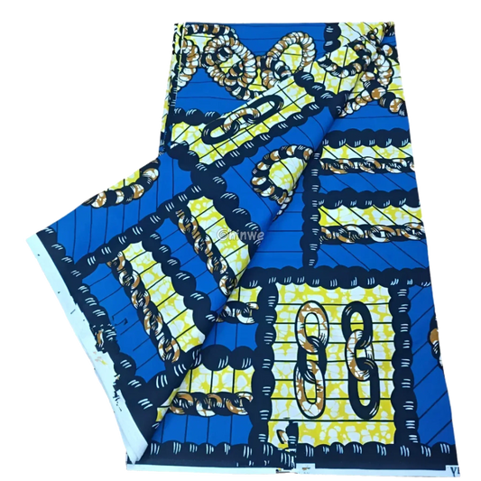 Blue and Yellow Chain Pattern Ankara Fabric, 6-yard piece