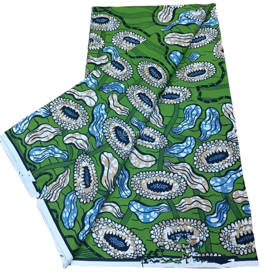 Green Floral Ankara Fabric with Sky Blue and Beige Accents, 6-yard piece