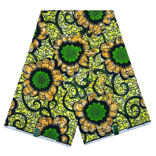 Sunny Flower Green and Orange Floral Ankara Fabric with Swirl Patterns, 6-yard piece