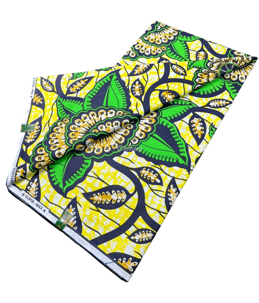 Green and Yellow Floral Ankara Fabric with Leaf Motifs, 6-yard piece