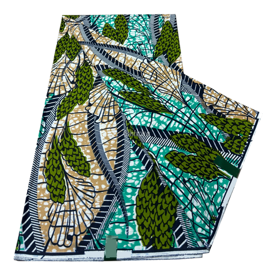 Teal and Olive Ankara Fabric with Botanical Patterns, 6-yard piece