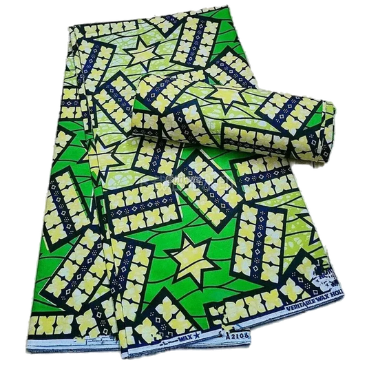 Green and Yellow Ankara Fabric with Star and Floral Patterns, 6-yard piece