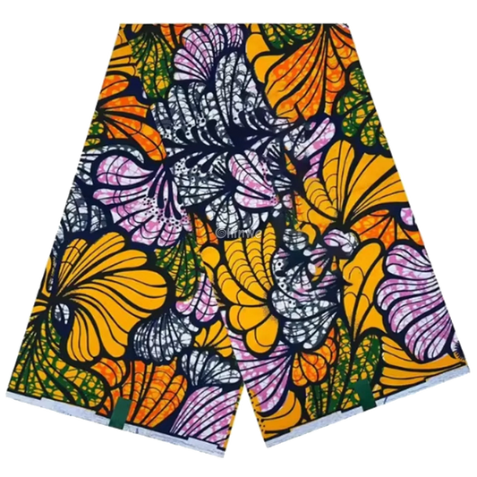 Orange Ankara Fabric with Purple and Green Leaf Design, 6-yard piece
