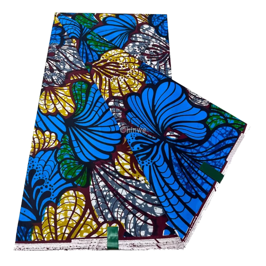 Blue Ankara Fabric with Yellow and Maroon Leaf Print, 6-yard piece