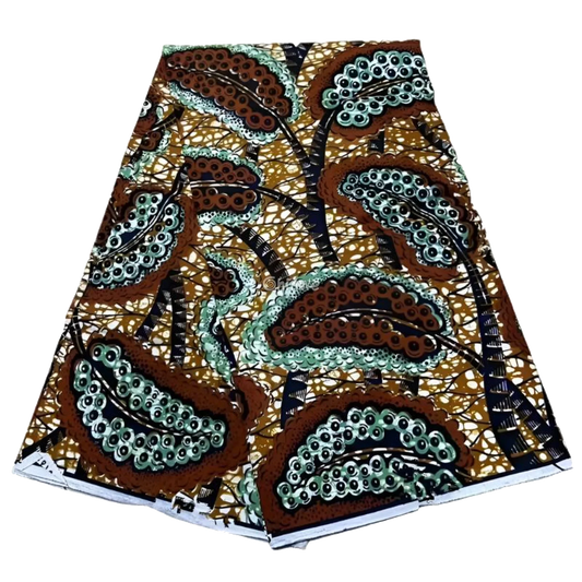 Brown and Green Ankara Fabric with Geometric Paisley Design, 6-yard piece