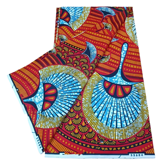 Vibrant Red and Blue Ankara Fabric with Radiant Sunburst Pattern, 6-yard piece