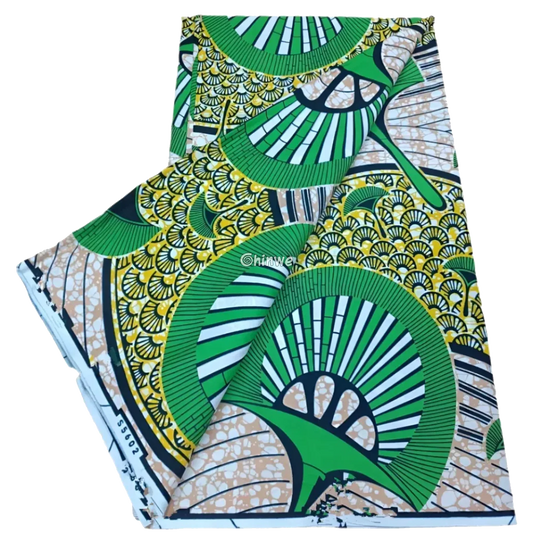 Emerald Sunrise Ankara with Green, Yellow and Fan Motif African Wax Print, 6-yard piece