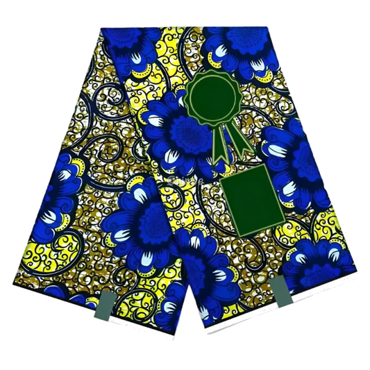 Yellow in Blue Flower Swirl Cotton Wax African Print Fabric, 6-yard piece