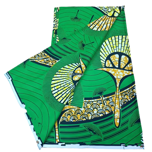 Green Sunburst Ankara Fabric with Bold Yellow Patterns, 6-yard piece