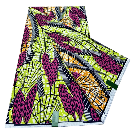 Vibrant Green and Pink Ankara Fabric with Nature-Inspired Patterns, 6-yard piece