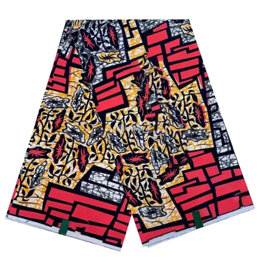 Abstract Red and Yellow Ankara Fabric with Geometric and Floral Patterns, 6-yard piece