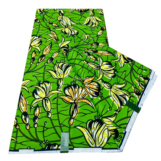 Vibrant Green Ankara Fabric with Yellow Floral Elegance, 6-yard piece