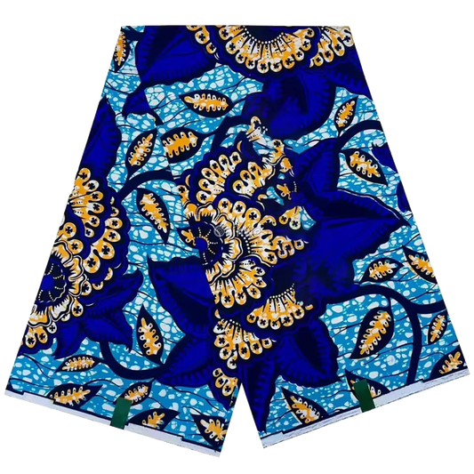 Blue Botanical Ankara Fabric with Golden Floral Highlights, 6-yard piece